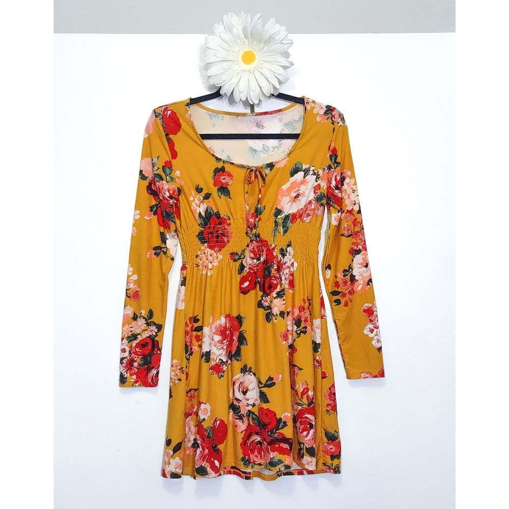 Yellow Floral Dress w/ Shirred Waist